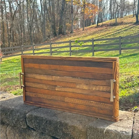 Reclaimed Tobacco Stick Serving Tray With Brushed Nickel Handles – 25” x 12”